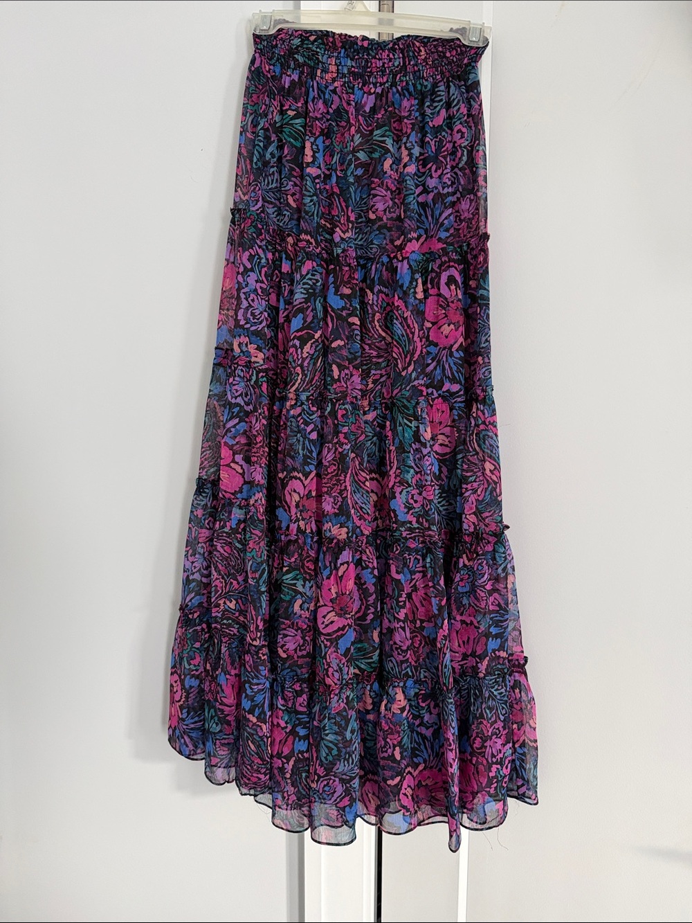 Misa Los Angeles Floral Tiered Maxi Skirt in Fuchsia, Purple & Teal
